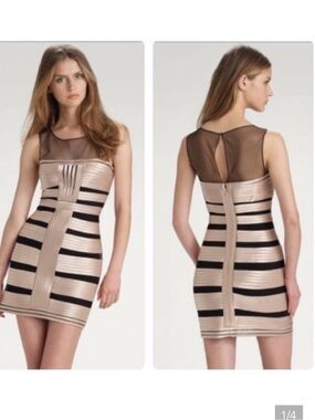 BCBGMaxAzria Black and Gold-Tone Striped Mesh Cocktail Dress